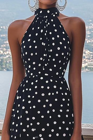 A Line High Neck Black White Polka Dots Dress